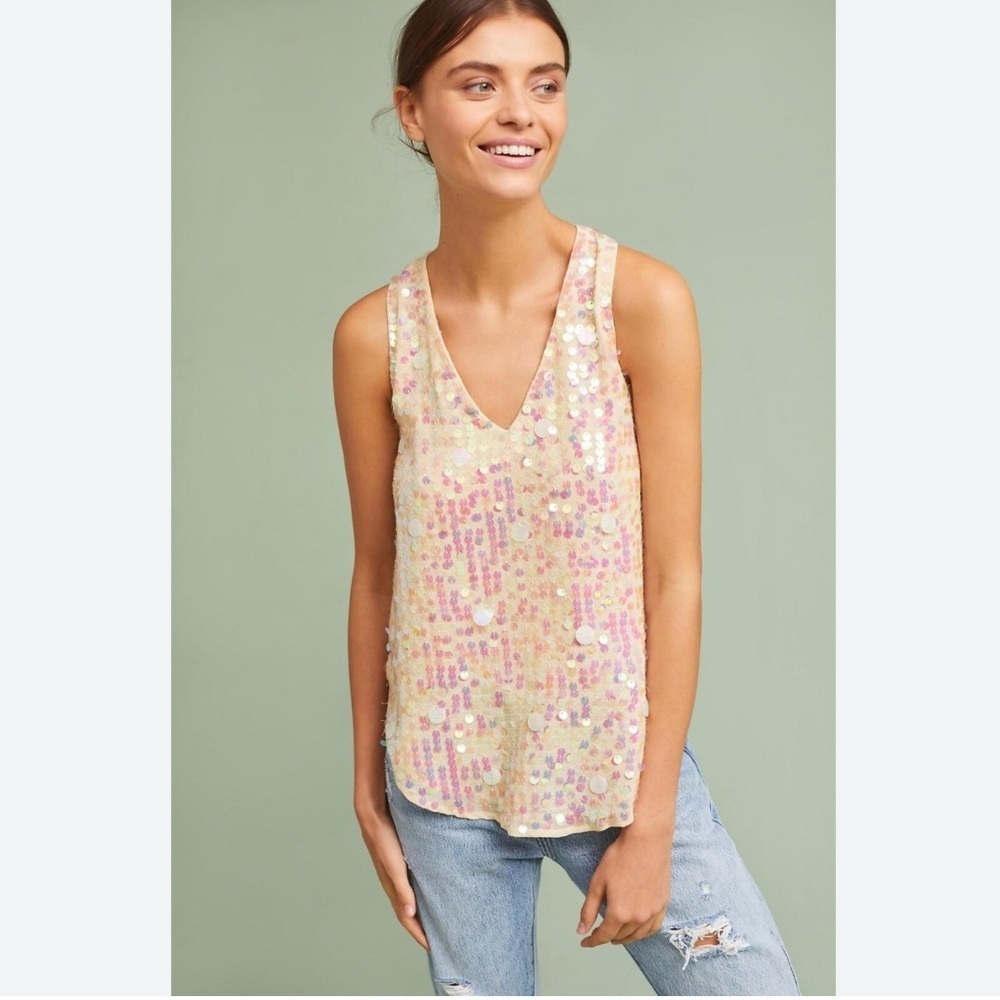 Anthropologie Moulinette Soeurs Sequin V-Neck Swing Top. Pink Size 0 #1955
